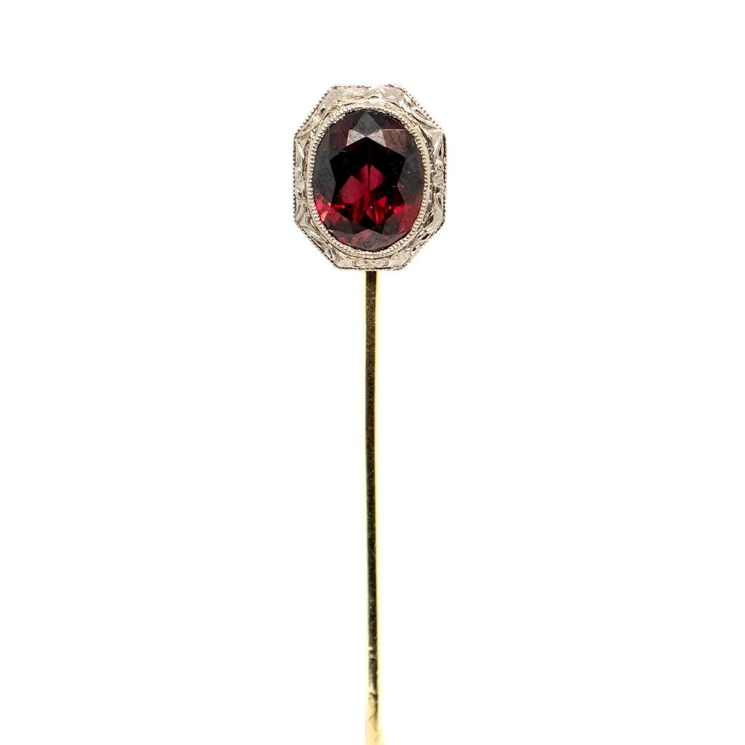 Oval Cut Antique Edwardian Platinum Topped 14K Gold & Garnet Gemstone Stickpin For Sale