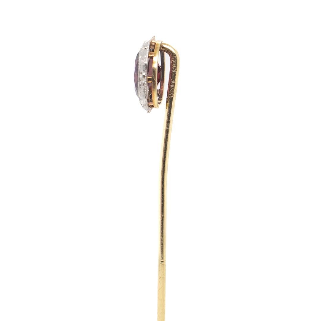 Women's or Men's Antique Edwardian Platinum Topped 14K Gold & Garnet Gemstone Stickpin For Sale