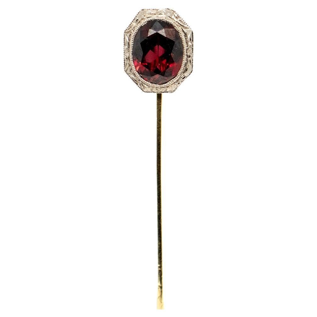 Antique Edwardian Platinum Topped 14K Gold & Garnet Gemstone Stickpin For Sale