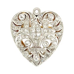 Antique Edwardian Platinum Topped 18k Gold Heart Diamond Brooch Pendant