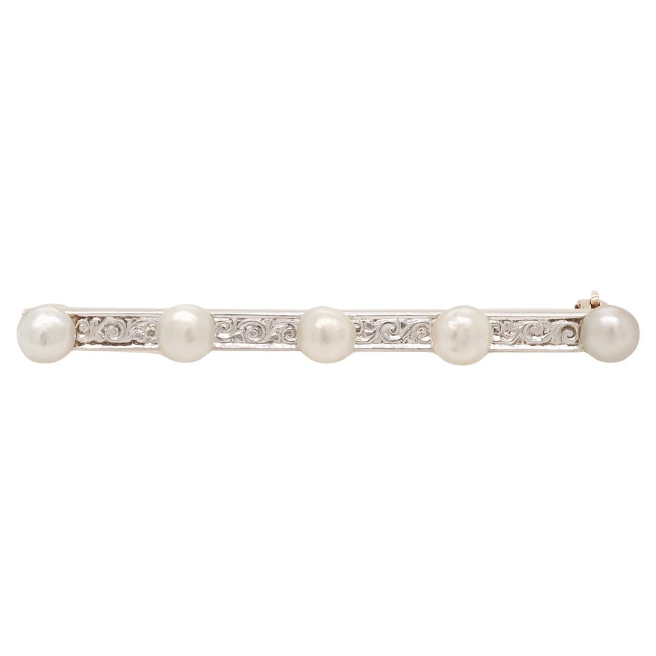 Antique Edwardian Platinum Topped Gold & Button Pearl Bar Pin or Brooch