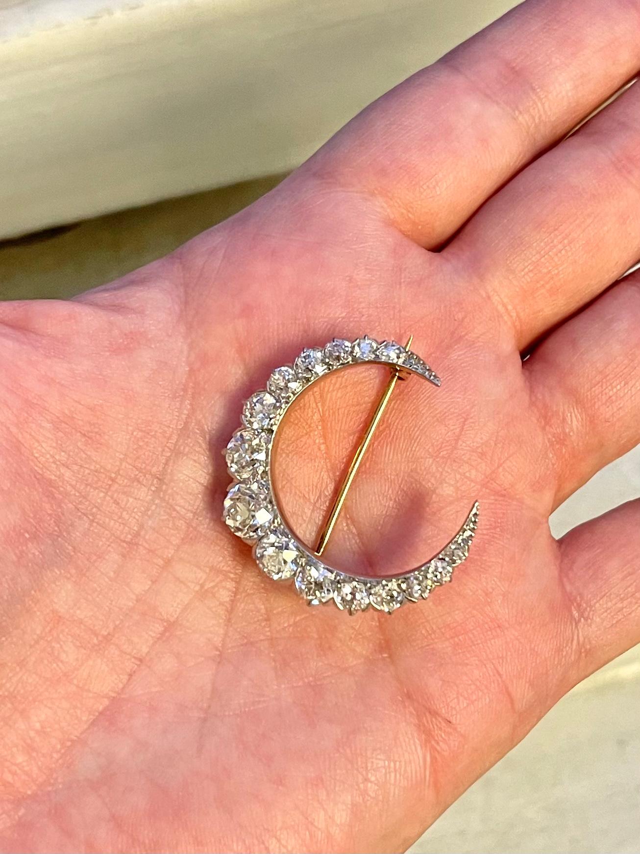 Women's or Men's Antique Edwardian Platinum Topped Gold Old European Cut Diamond Crescent Pin