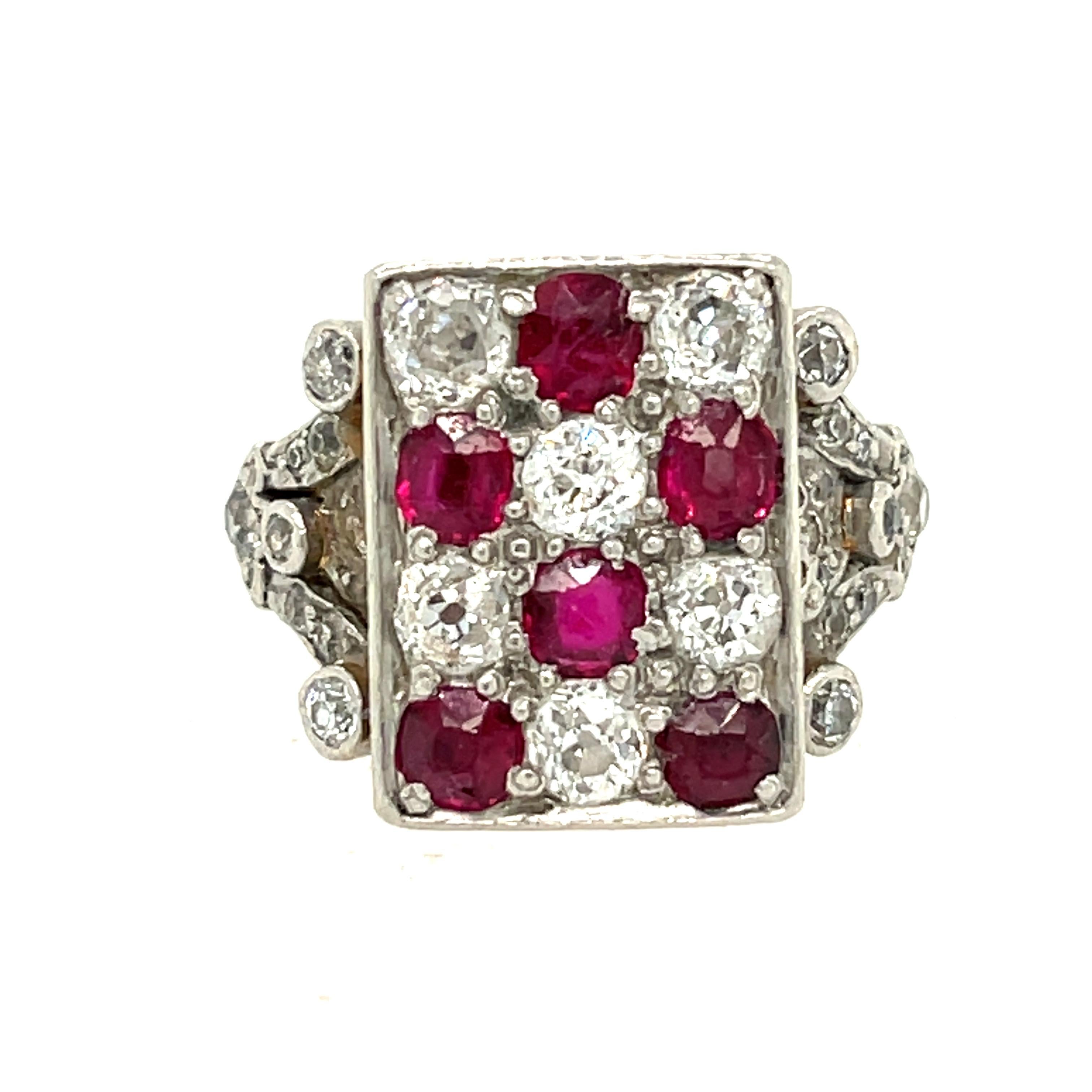 Round Cut Antique Edwardian Platinum Topped Gold Ruby Diamond Checkerboard Ring For Sale
