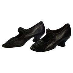 Antique Edwardian Pointed Black Leather Beaded Strap Low Heeled Shoes