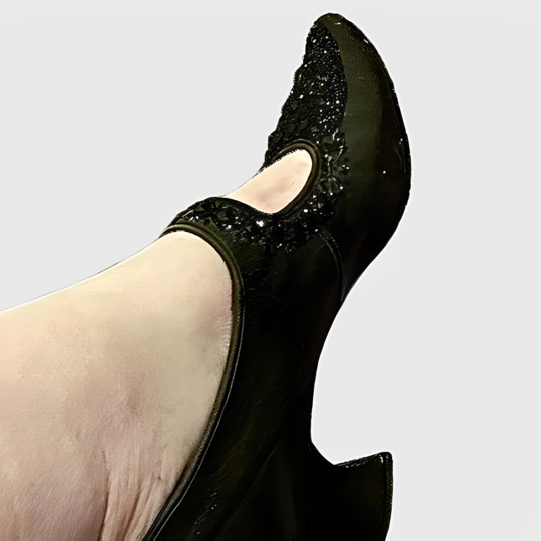 Antique Edwardian Pointed Black Leather Beaded Strap Low Heeled Shoes