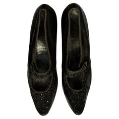 Antique Edwardian Pointed Black Leather Beaded Strap Low Heeled Shoes