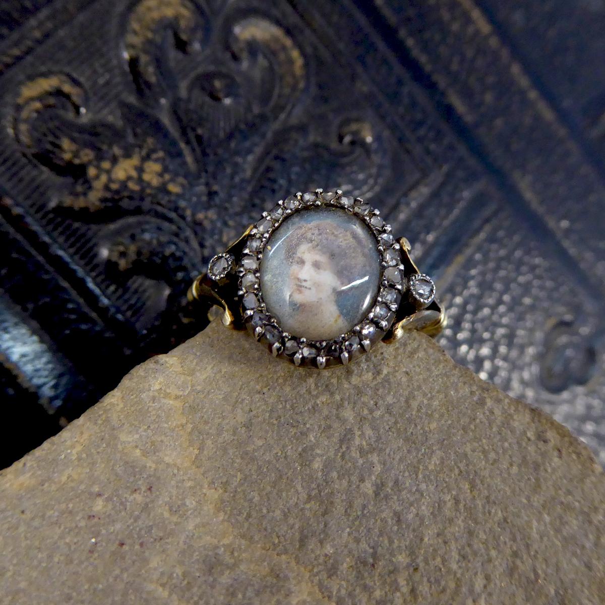 Antique Edwardian Portrait Ring with Rose Cut Diamond Surround 18ct Yellow Gold 1