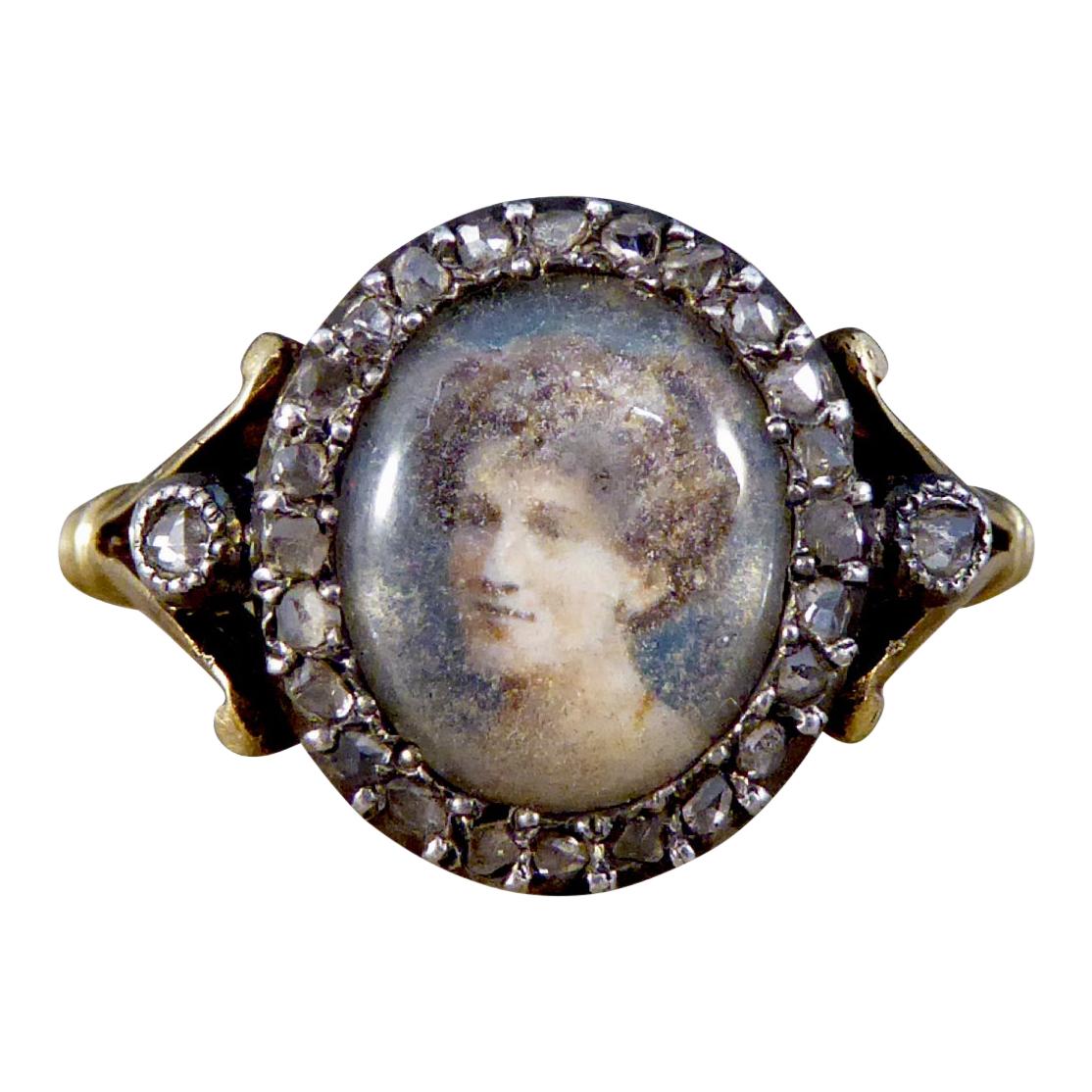 Antique Edwardian Portrait Ring with Rose Cut Diamond Surround 18ct Yellow Gold