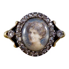 Antique Edwardian Portrait Ring with Rose Cut Diamond Surround 18ct Yellow Gold