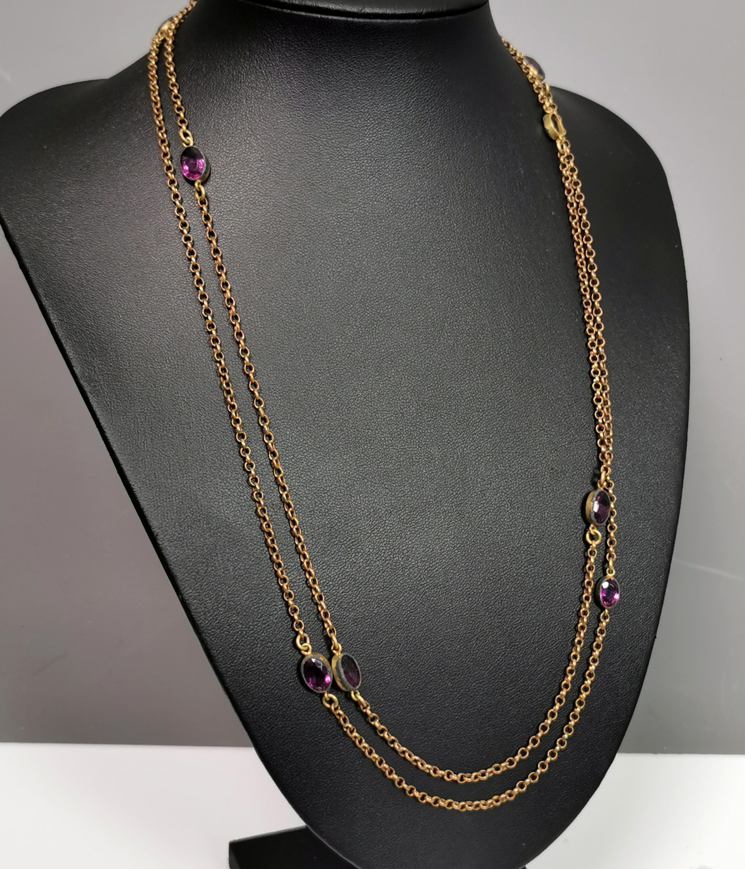 Antique Edwardian purple paste sautoir necklace, gold plated long chain  For Sale 5
