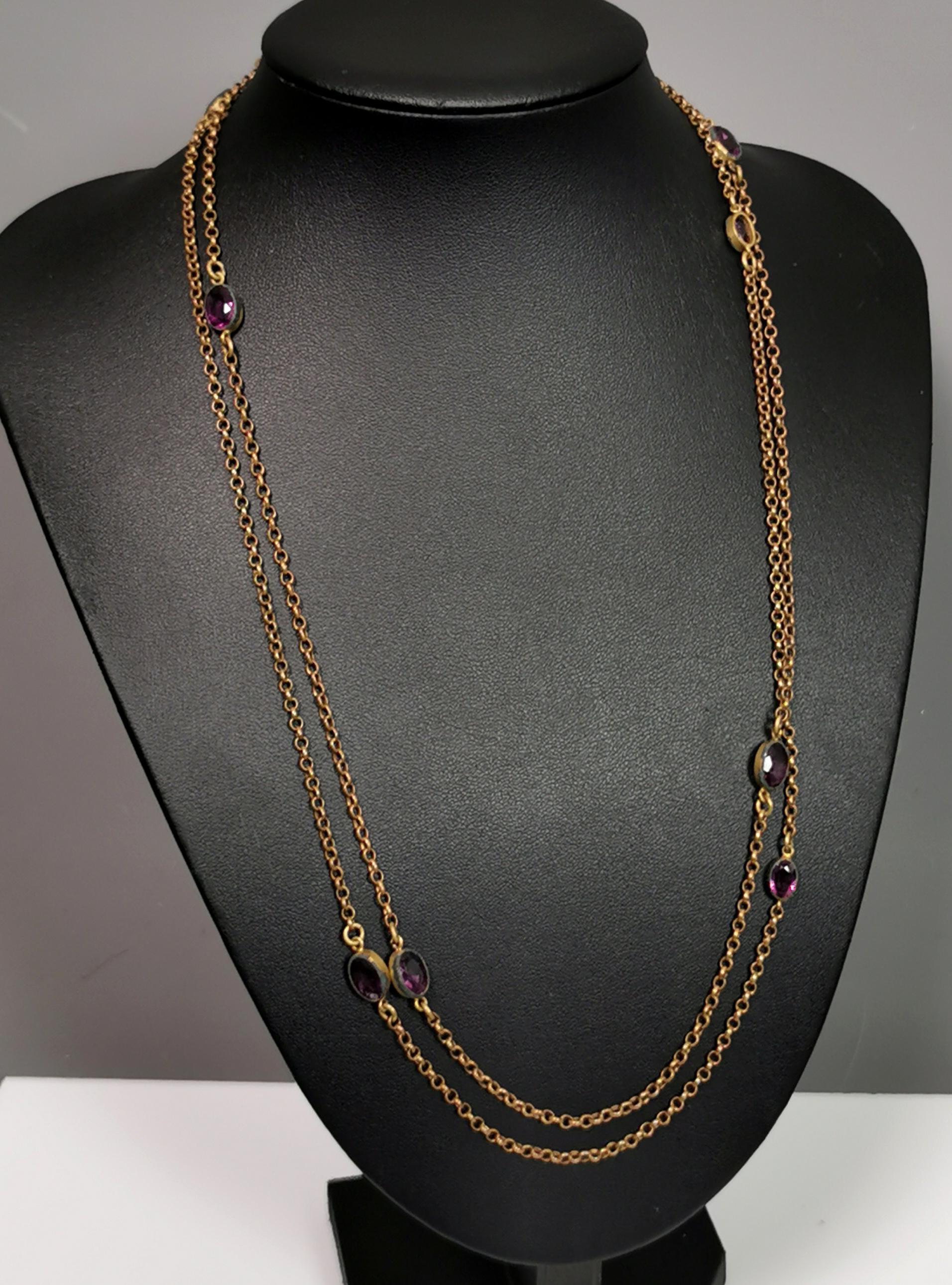 Antique Edwardian purple paste sautoir necklace, gold plated long chain  For Sale 6