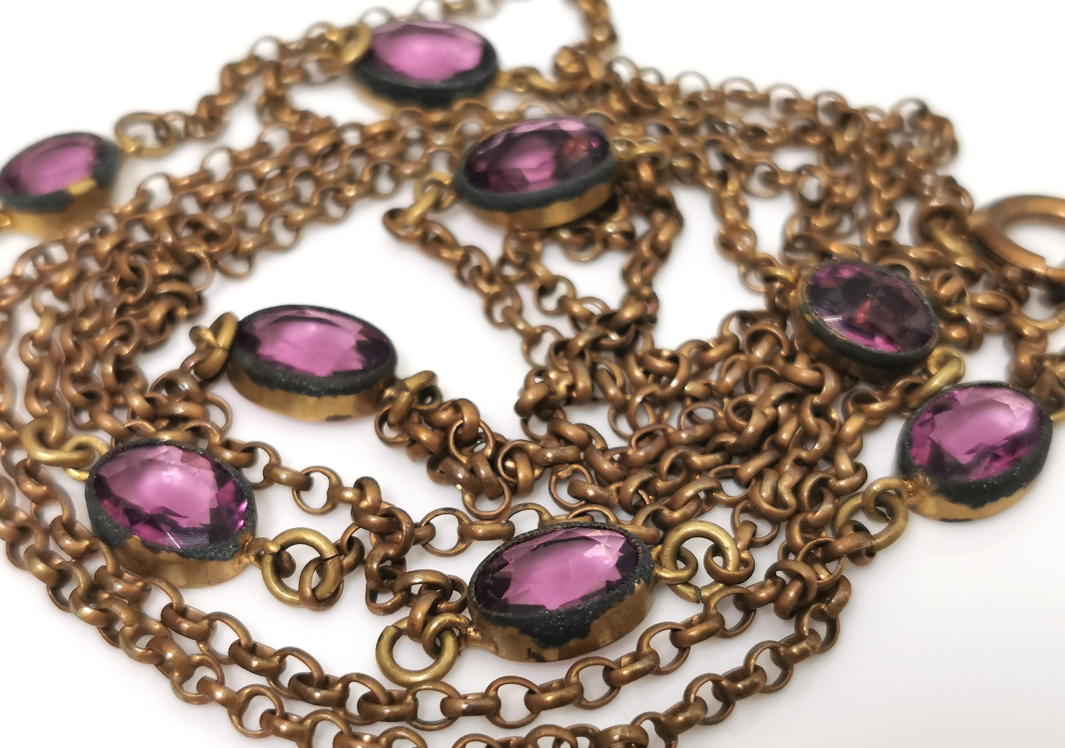 Antique Edwardian purple paste sautoir necklace, gold plated long chain  For Sale 7
