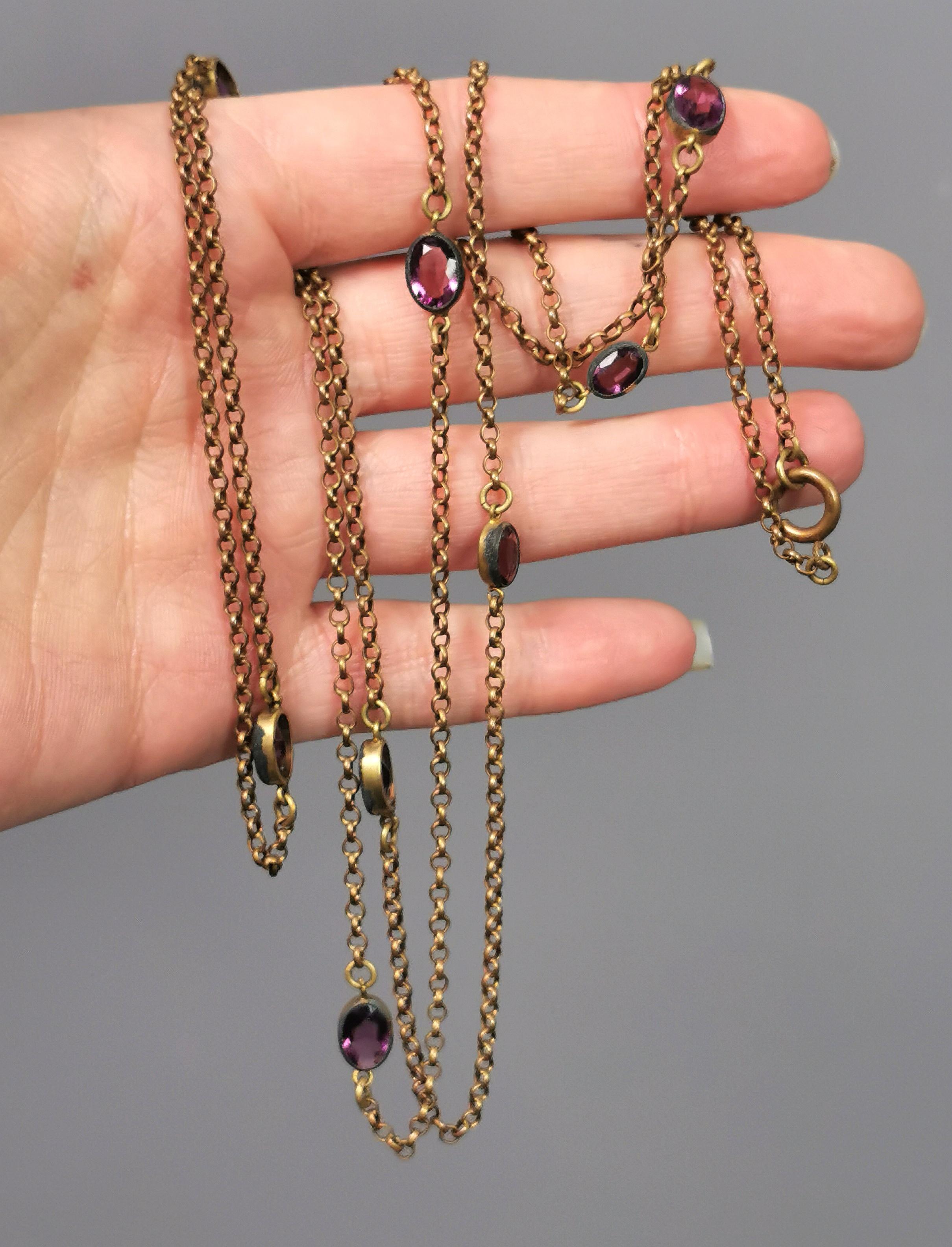 Antique Edwardian purple paste sautoir necklace, gold plated long chain  For Sale 8