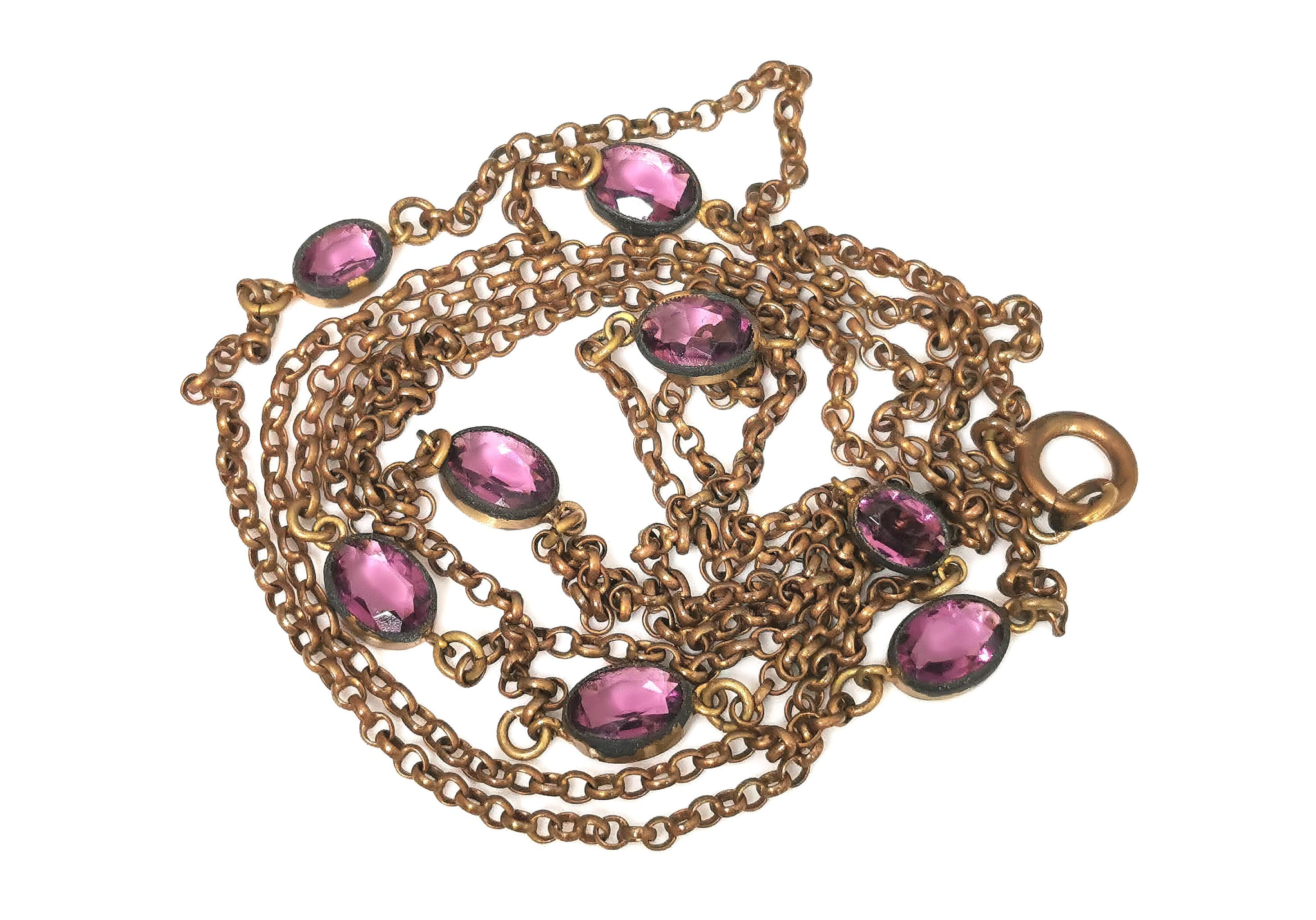 Women's Antique Edwardian purple paste sautoir necklace, gold plated long chain  For Sale