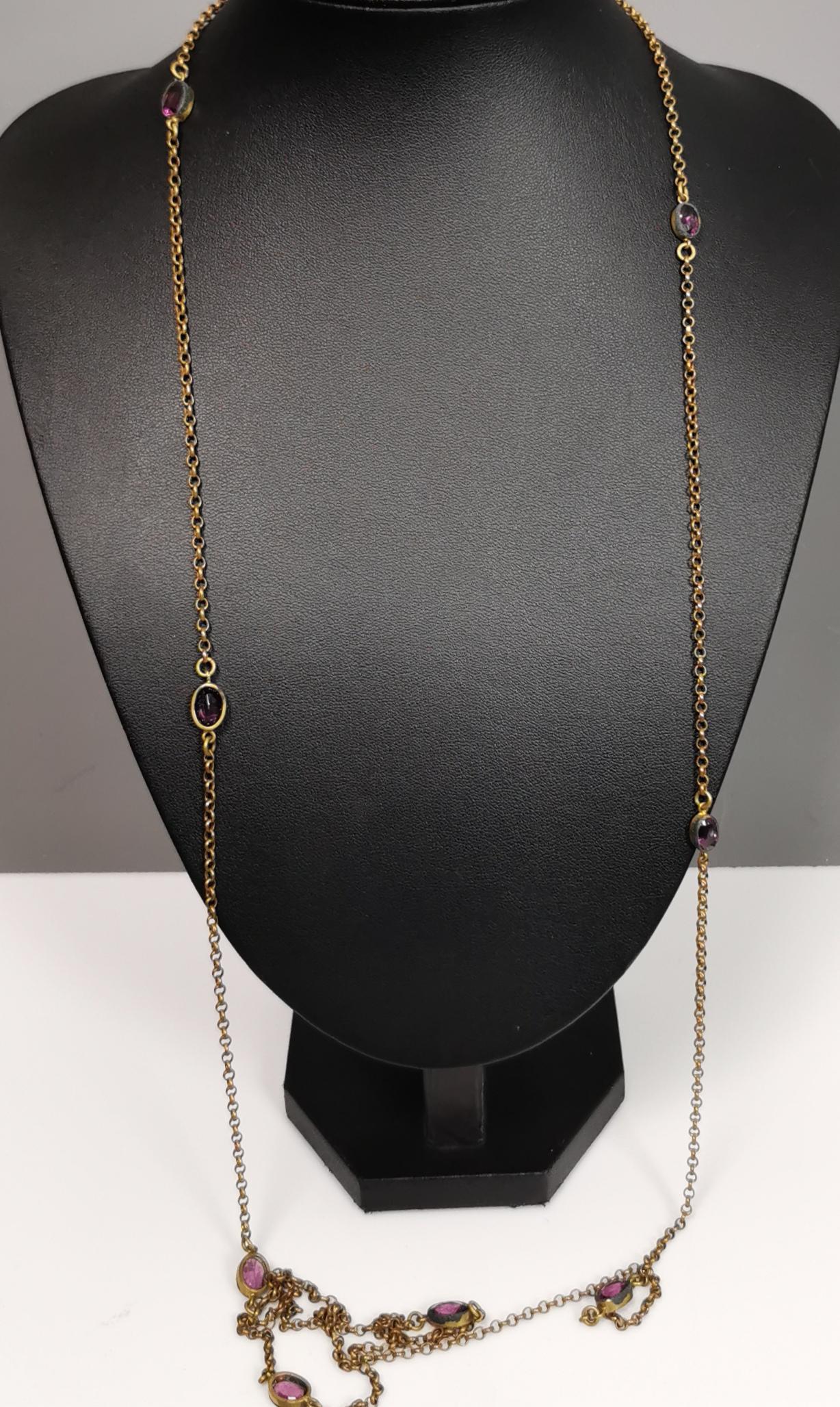 Antique Edwardian purple paste sautoir necklace, gold plated long chain  For Sale 1