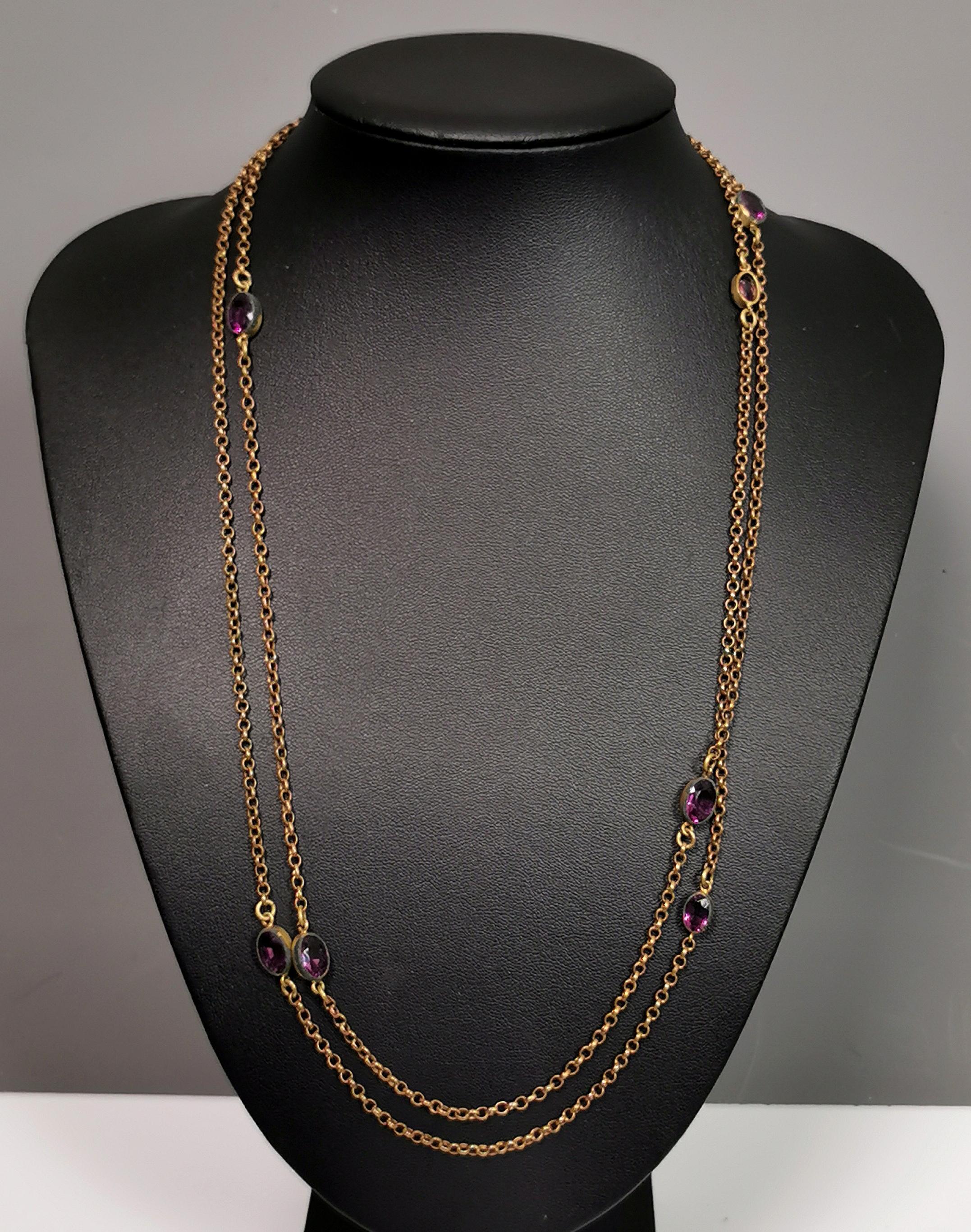 Antique Edwardian purple paste sautoir necklace, gold plated long chain  For Sale 2