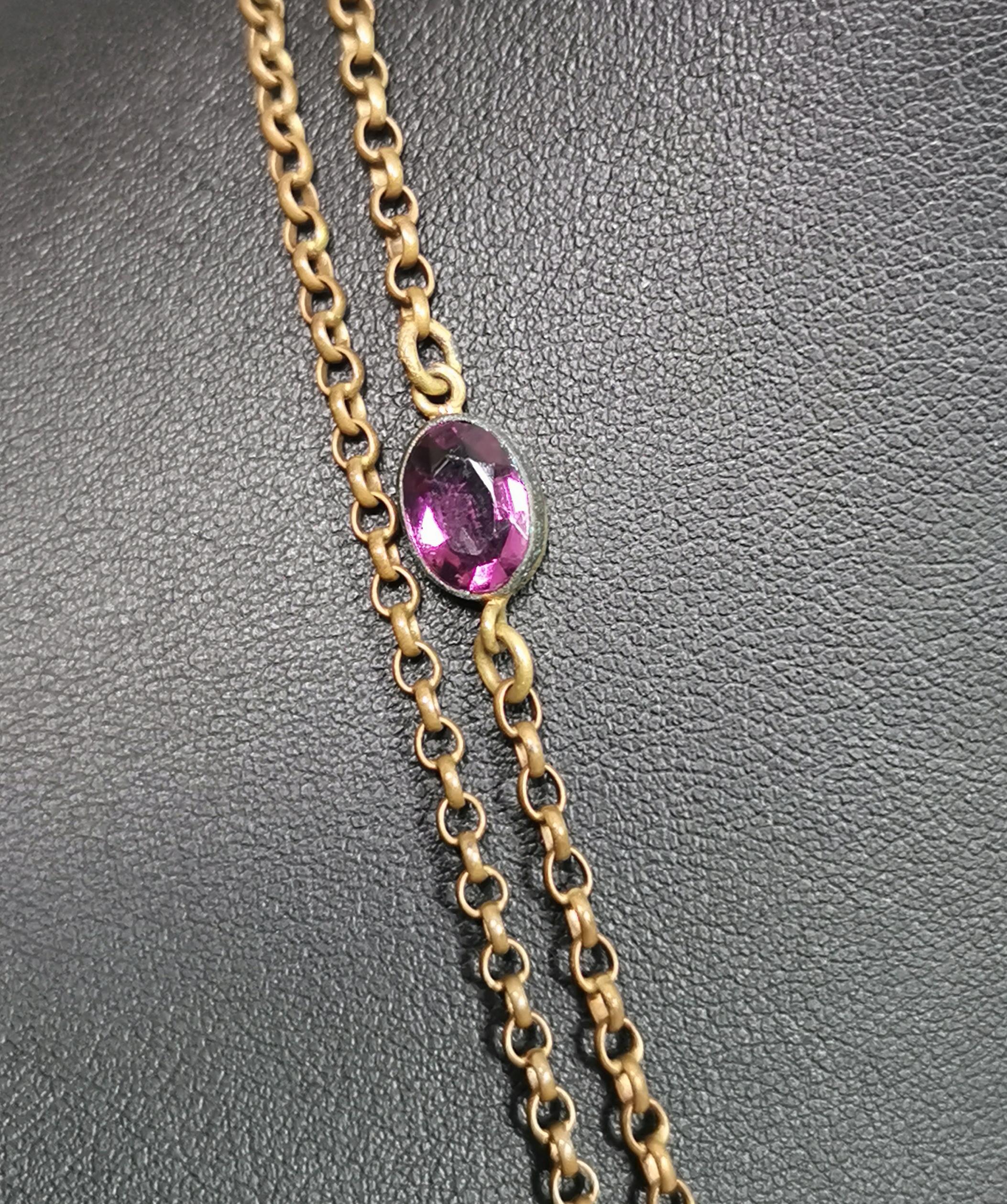 Antique Edwardian purple paste sautoir necklace, gold plated long chain  For Sale 3