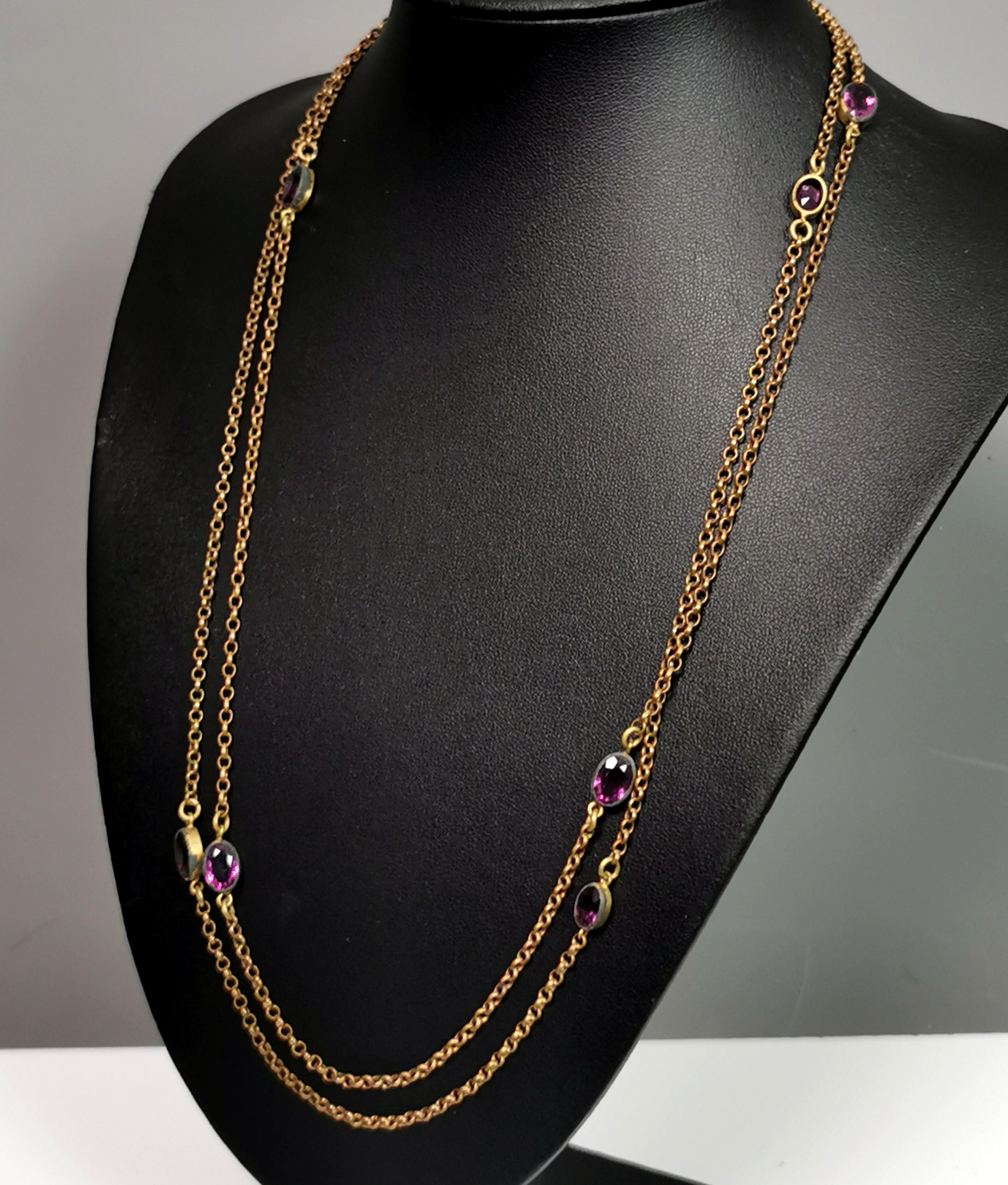 Antique Edwardian purple paste sautoir necklace, gold plated long chain  For Sale 4