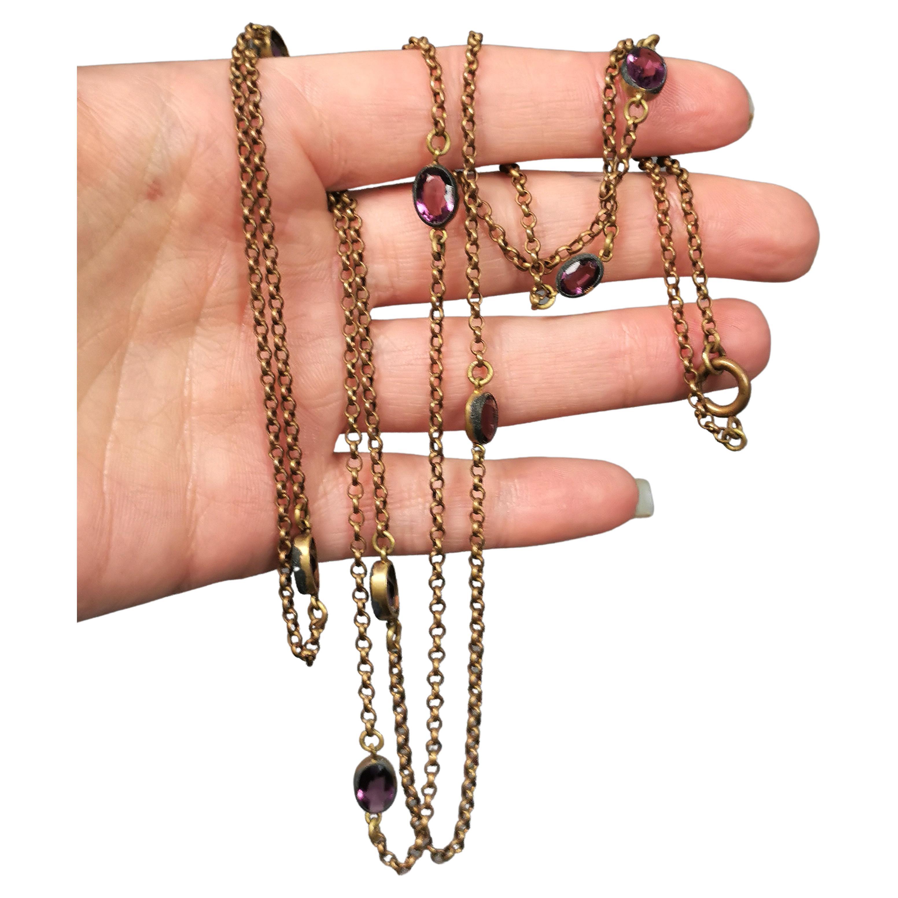 Antique Edwardian purple paste sautoir necklace, gold plated long chain  For Sale