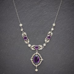 Antique Edwardian Purple Paste Stone Lavaliere Necklace Silver, circa 1910