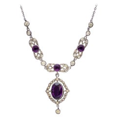 Antique Edwardian Purple Paste Stone Lavaliere Necklace Silver, circa 1910