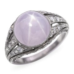 Antique Edwardian Platinum Purple Star Sapphire and Diamond Filigree Ring