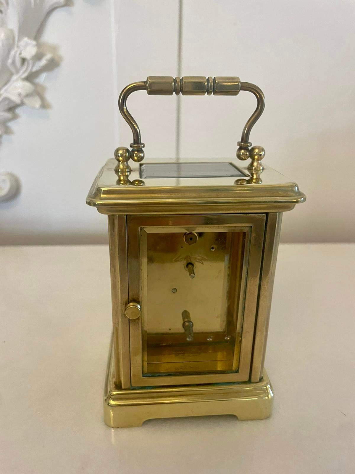 Antique Edwardian quality brass carriage clock having a quality brass carriage clock with bevelled edge glass panels, 8 day movement and a shaped carrying handle to the top


In good working order


Dimensions:
Height 14.5 cm (5.70 in)
Width 8 cm