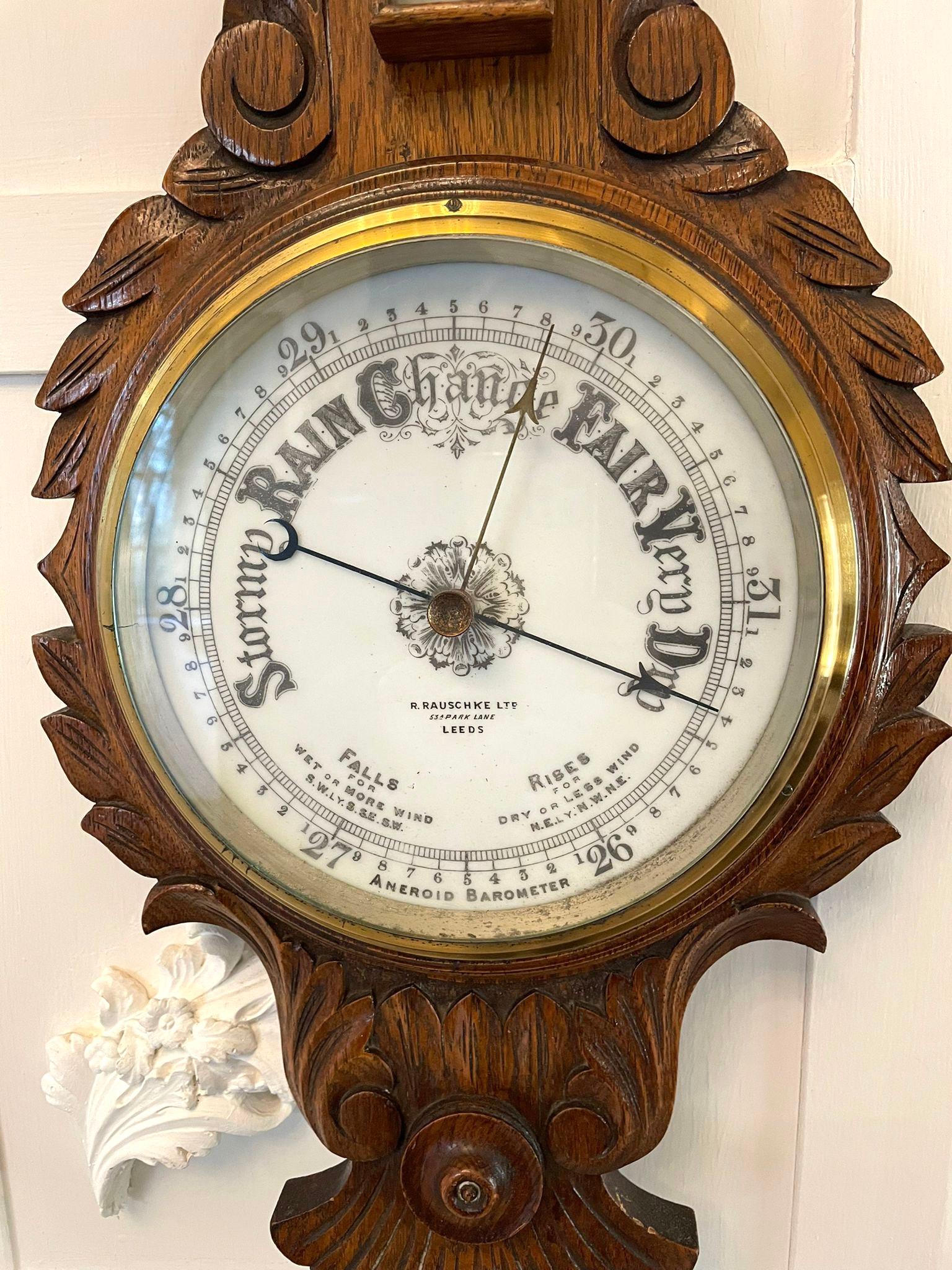 English Antique Edwardian Quality Carved Oak Aneroid Banjo Barometer For Sale