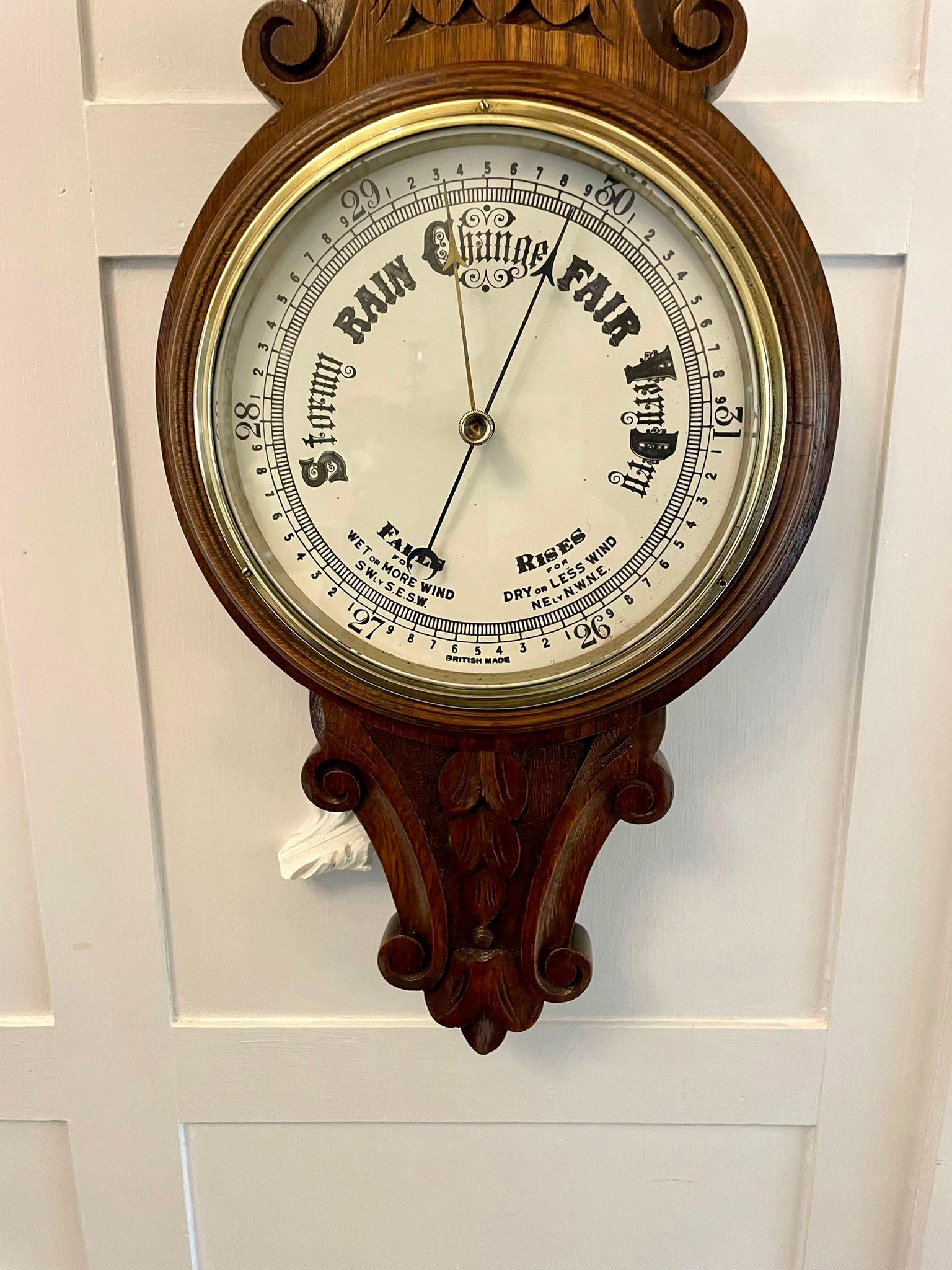 English Antique Edwardian Quality Carved Oak Banjo Barometer For Sale