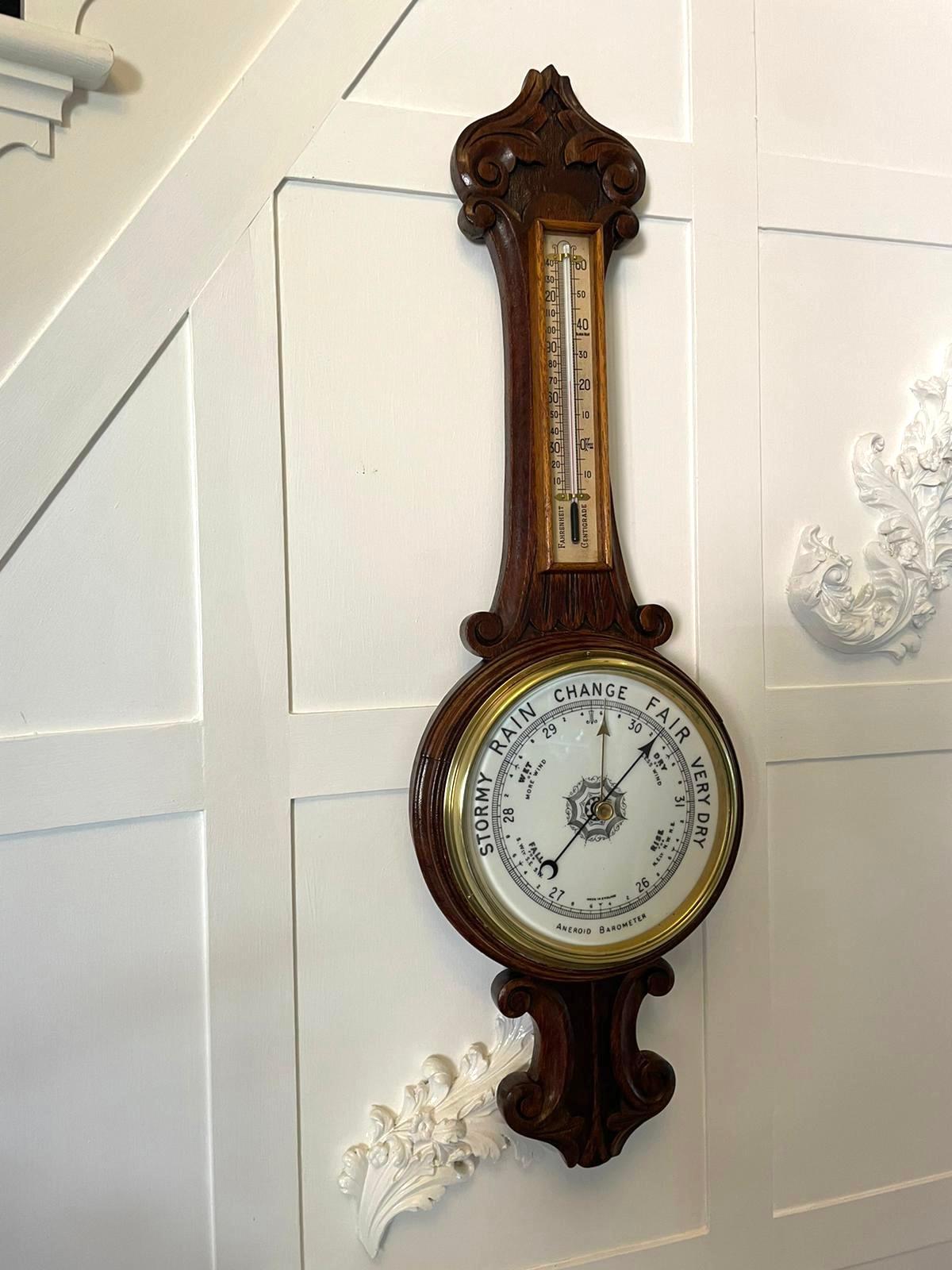 Antique Edwardian Quality Carved Oak Banjo Barometer 1