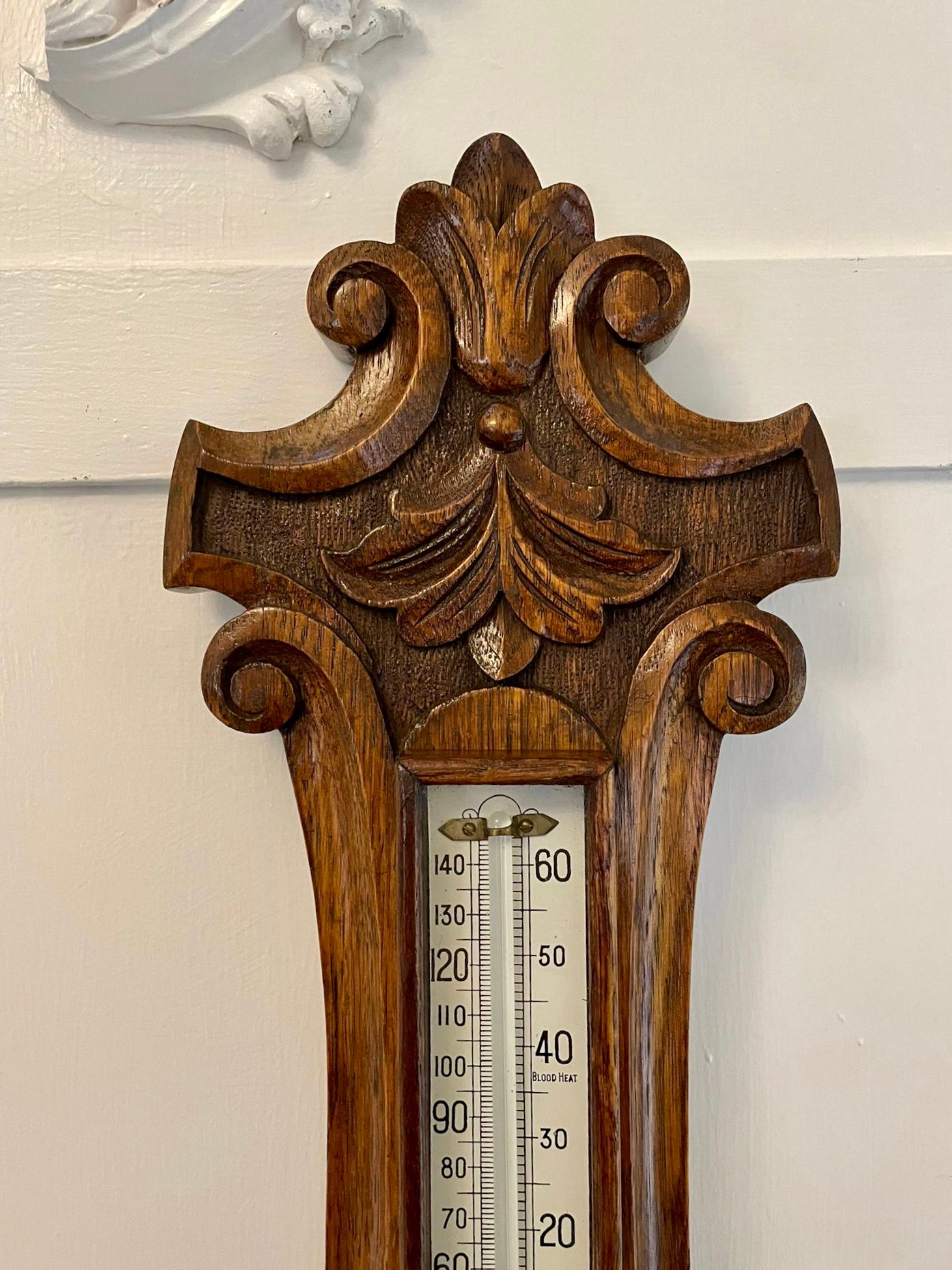 Early 20th Century Antique Edwardian Quality Carved Oak Banjo Barometer For Sale