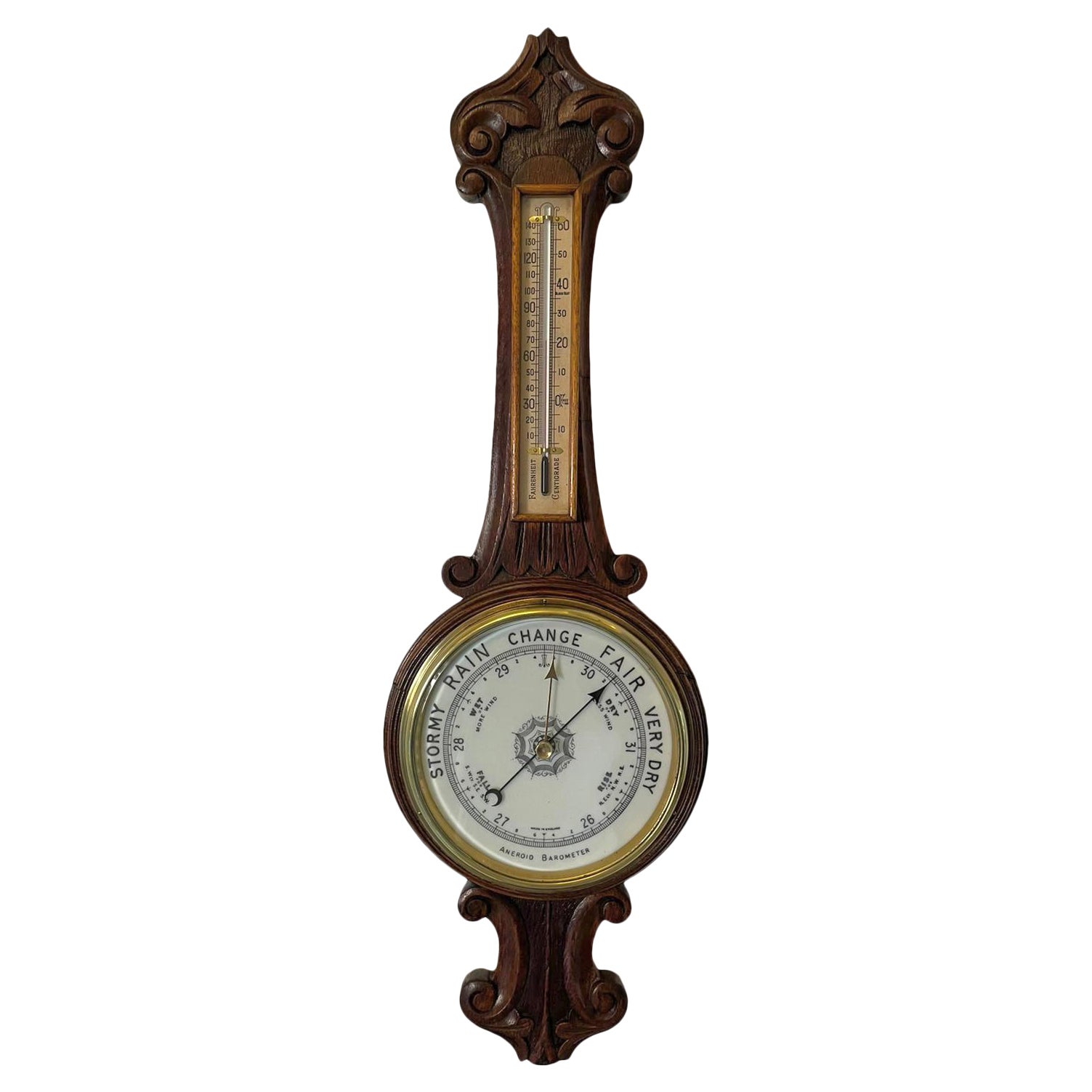 Antique Edwardian Quality Carved Oak Banjo Barometer