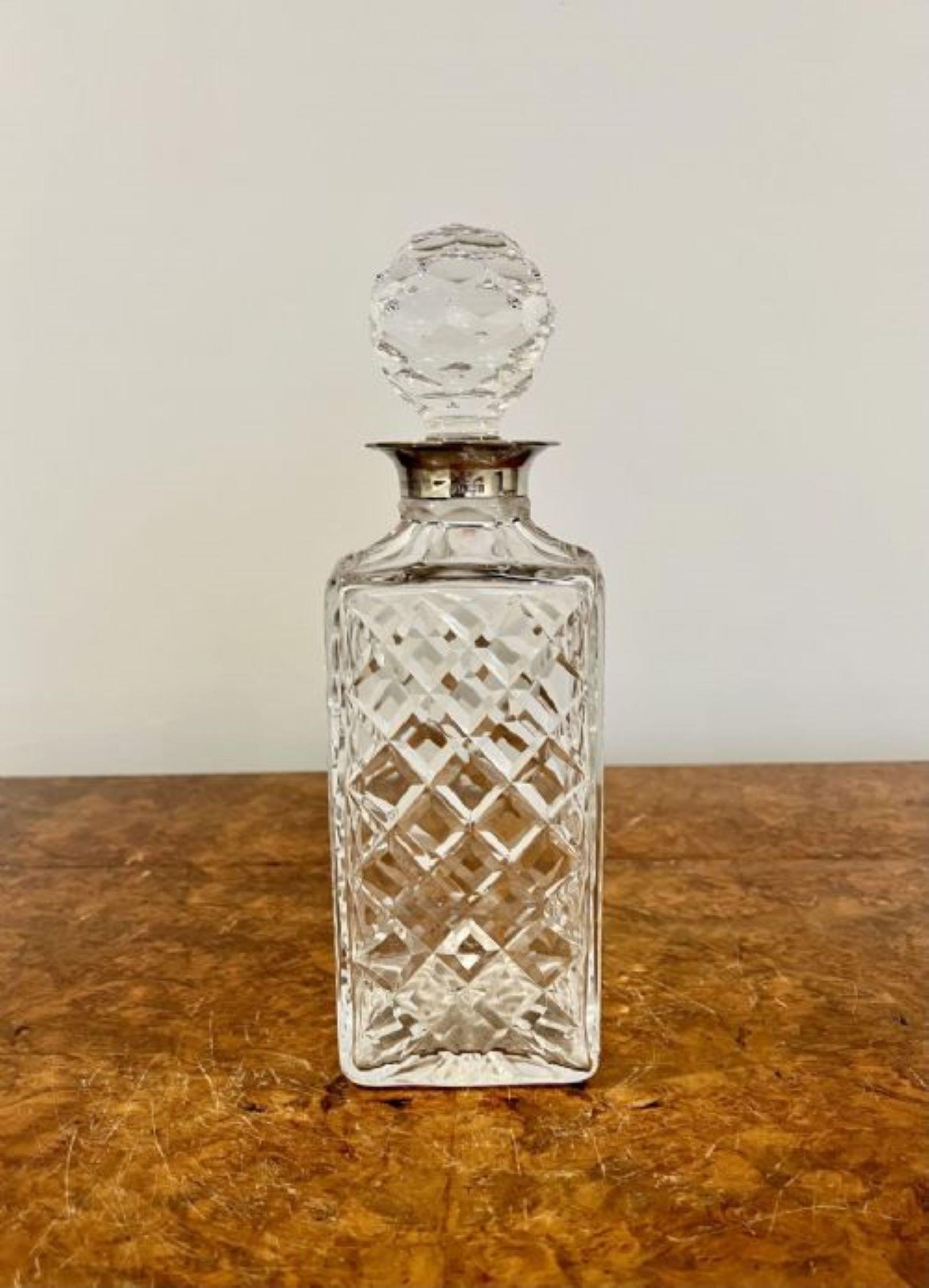 Antique Edwardian quality cut glass hallmarked silver collar decanter Quality antique cut glass decanter with the original stopper and a solid silver collar 