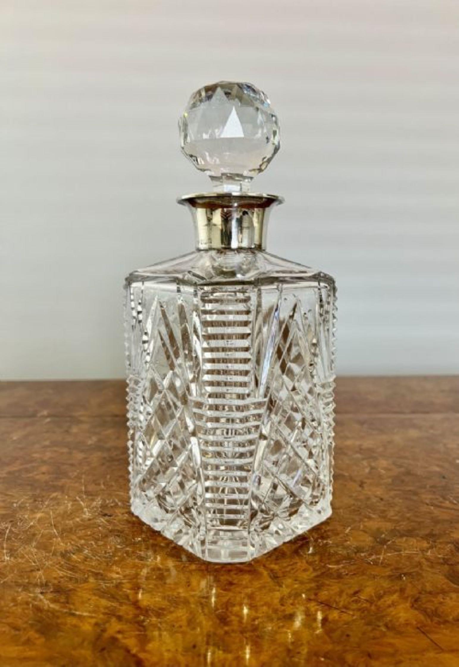 20th Century Antique Edwardian quality cut glass hallmarked silver collar decanter  For Sale