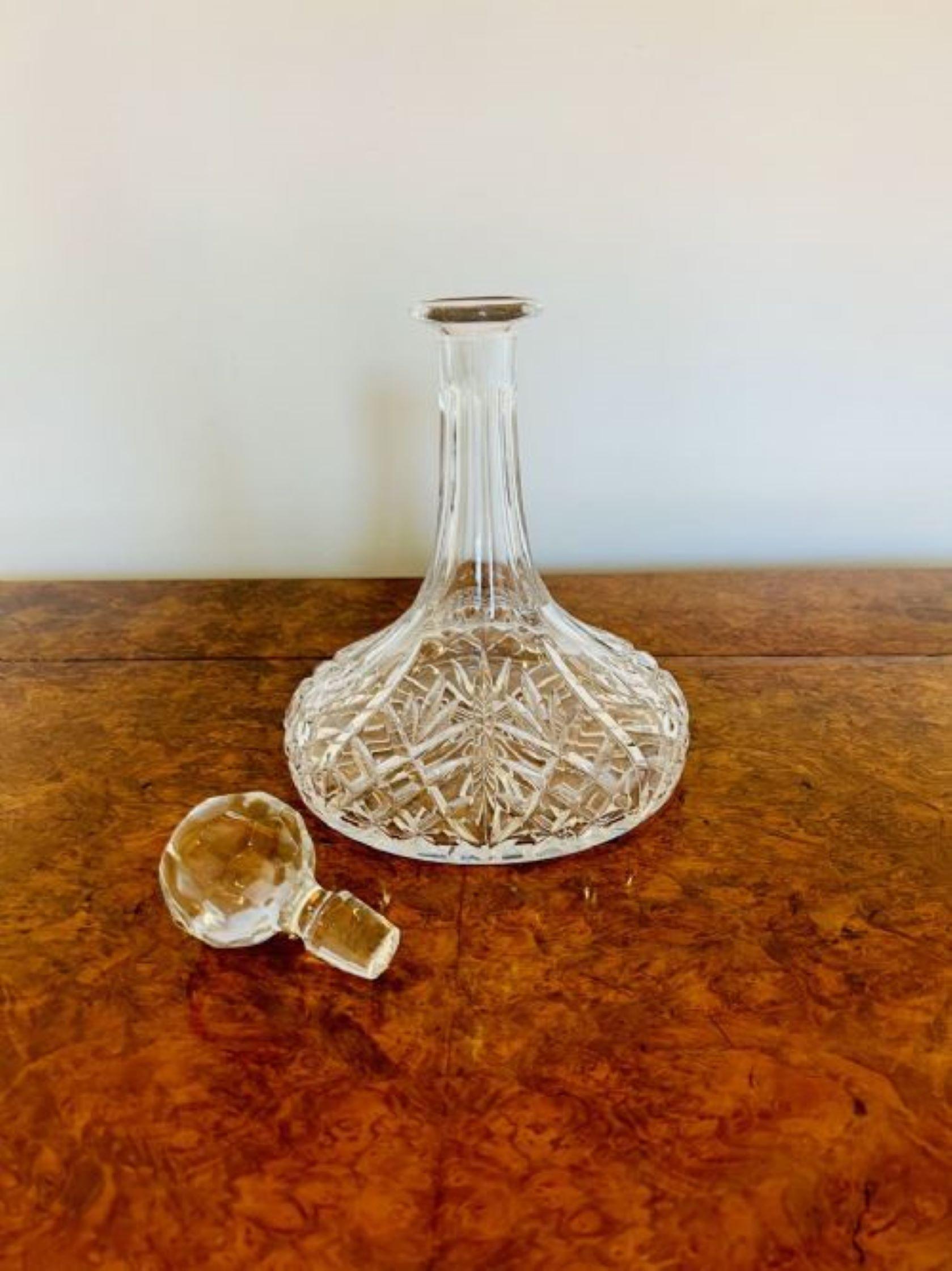 Antique Edwardian quality cut glass ships decanter having a quality shaped cut glass ships decanter with the original cut glass stopper