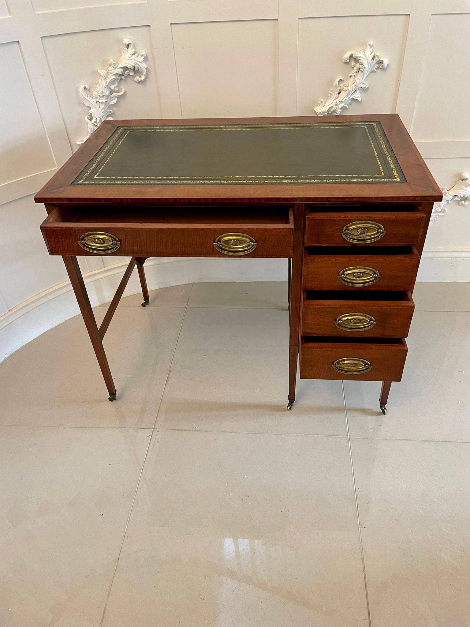 English Antique Edwardian Quality Freestanding Mahogany Inlaid Pedestal Desk