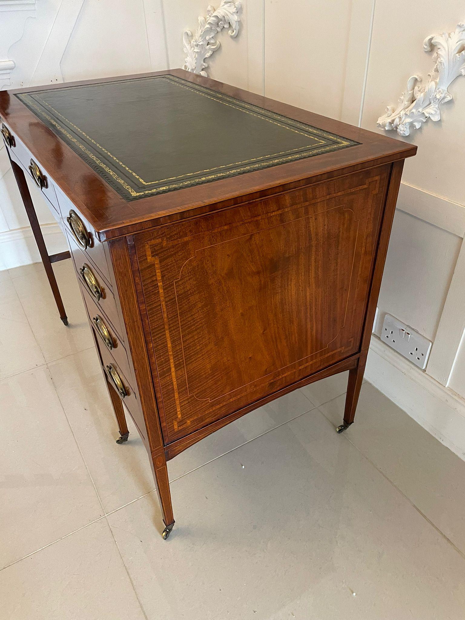 Antique Edwardian Quality Freestanding Mahogany Inlaid Pedestal Desk For Sale 2