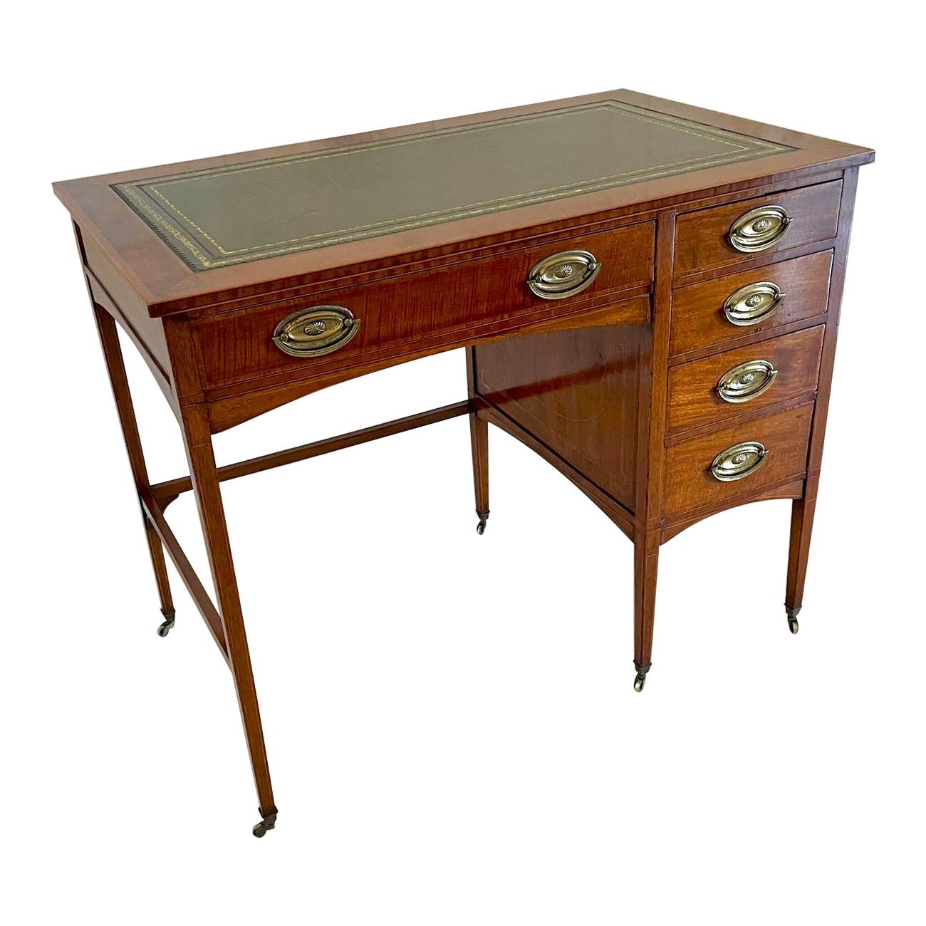 Antique Edwardian Quality Freestanding Mahogany Inlaid Pedestal Desk