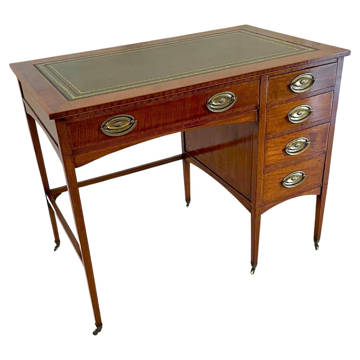 Antique Edwardian Quality Freestanding Mahogany Inlaid Pedestal Desk For Sale