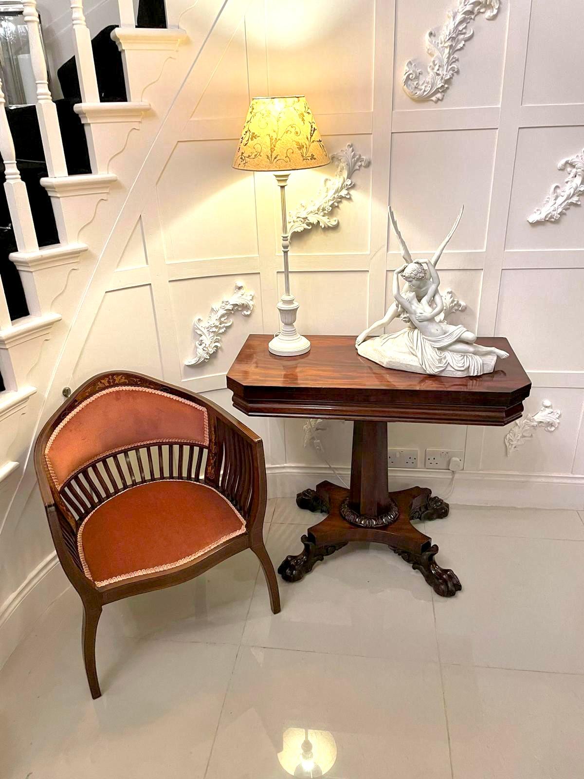 Antique Edwardian quality inlaid mahogany armchair
Antique Edwardian quality inlaid mahogany armchair having a quality inlaid attractive marquetry top rail supported by unusual shaped mahogany inlaid splats, newly reupholstered back and seat in a