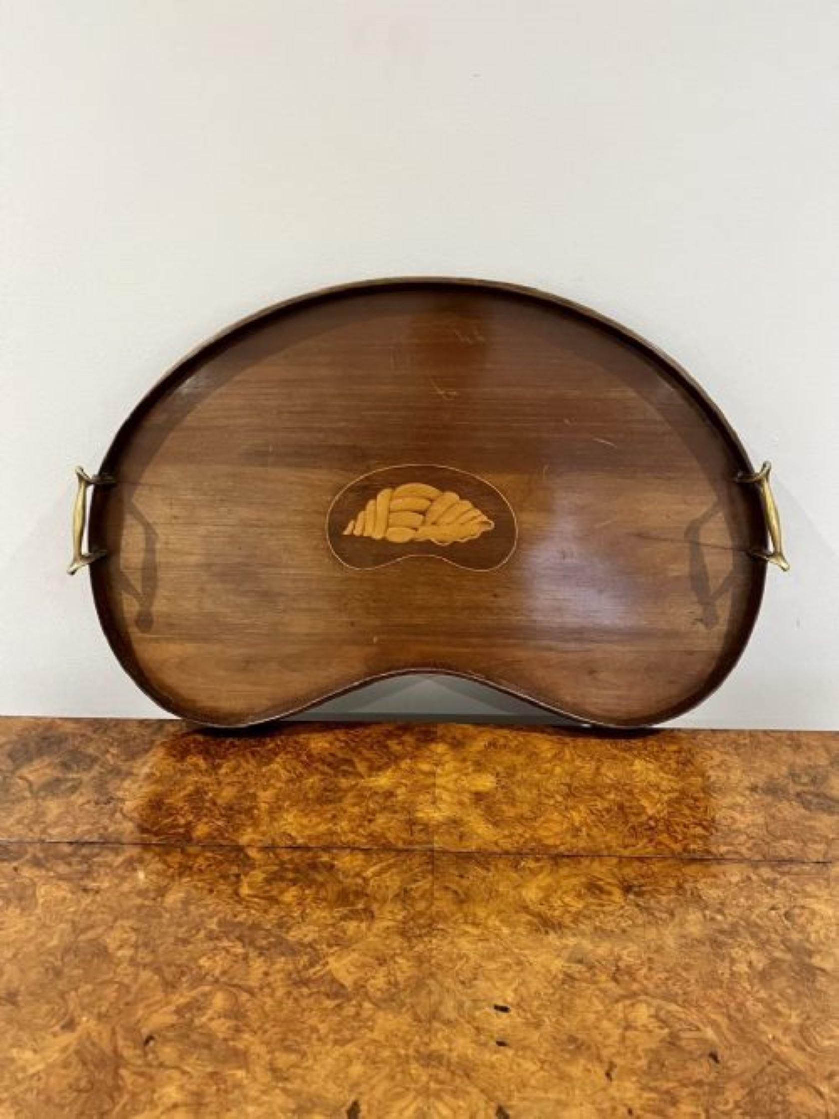 Antique Edwardian quality kidney shaped mahogany inlaid tea tray having a quality antique Edwardian mahogany shell inlaid kidney shaped tea tray with a gallery edge and original brass carrying handles to both sides 