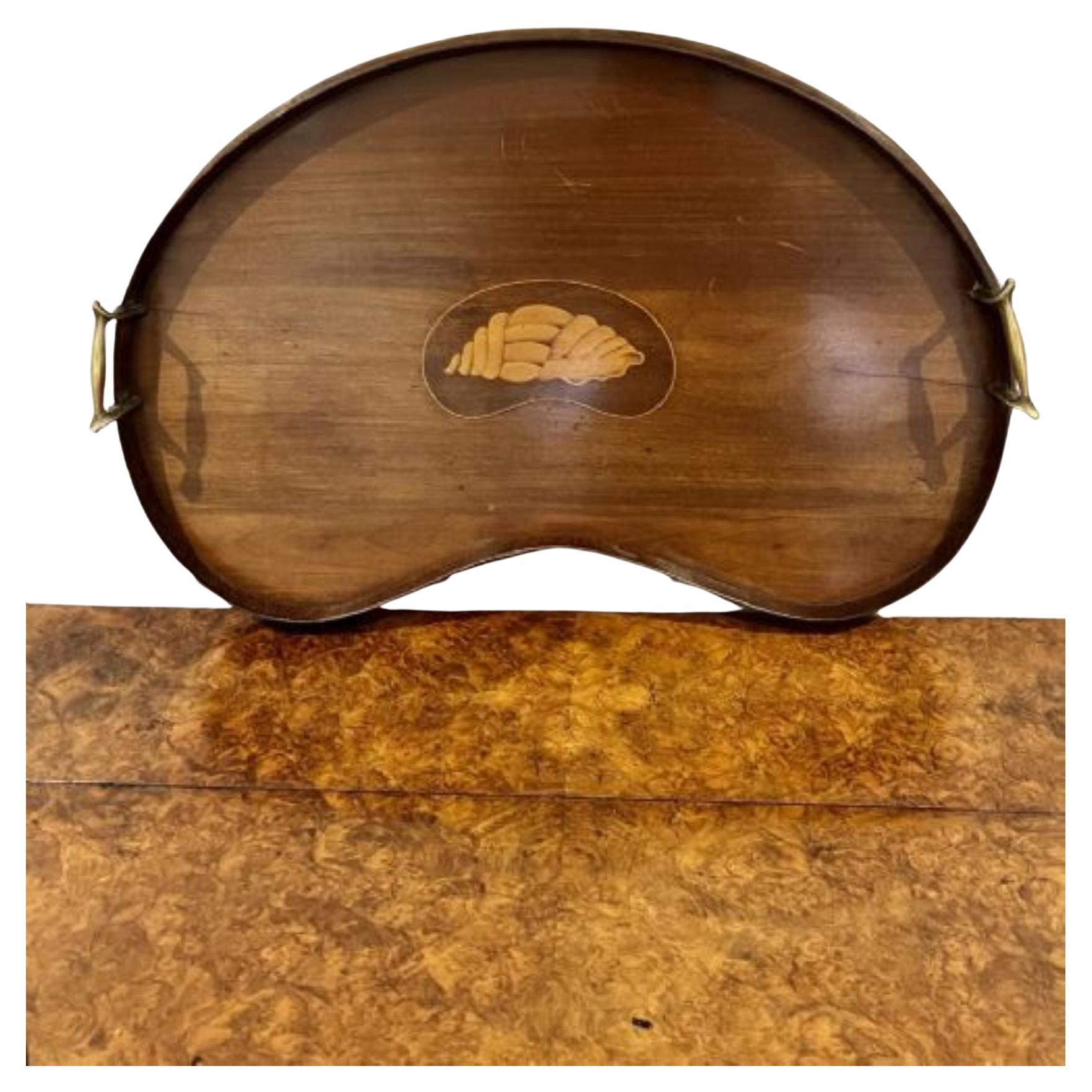 Antikes nierenförmiges Mahagoni-Tablett mit Intarsien in edwardianischer Qualität 