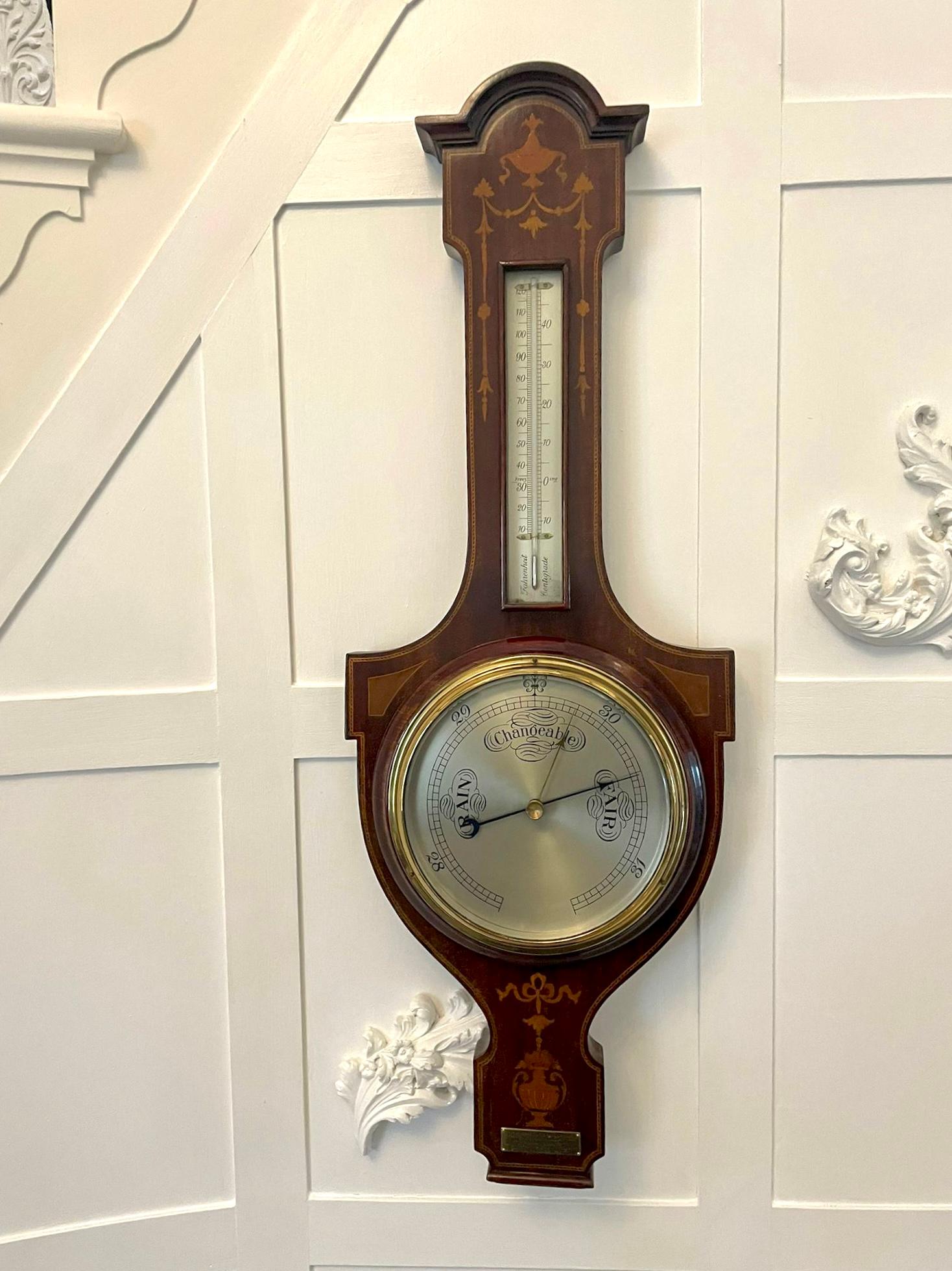 English Antique Edwardian Quality Mahogany Inlaid Banjo Barometer For Sale