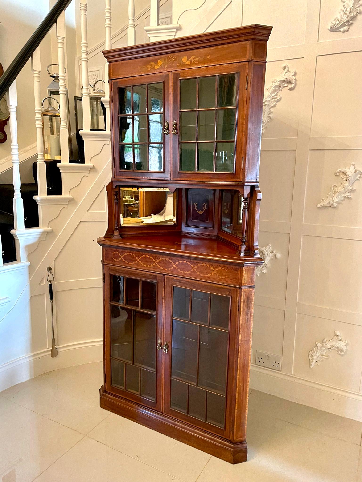 Antique Edwardian Quality Mahogany Inlaid Corner Display Cabinet For Sale 4