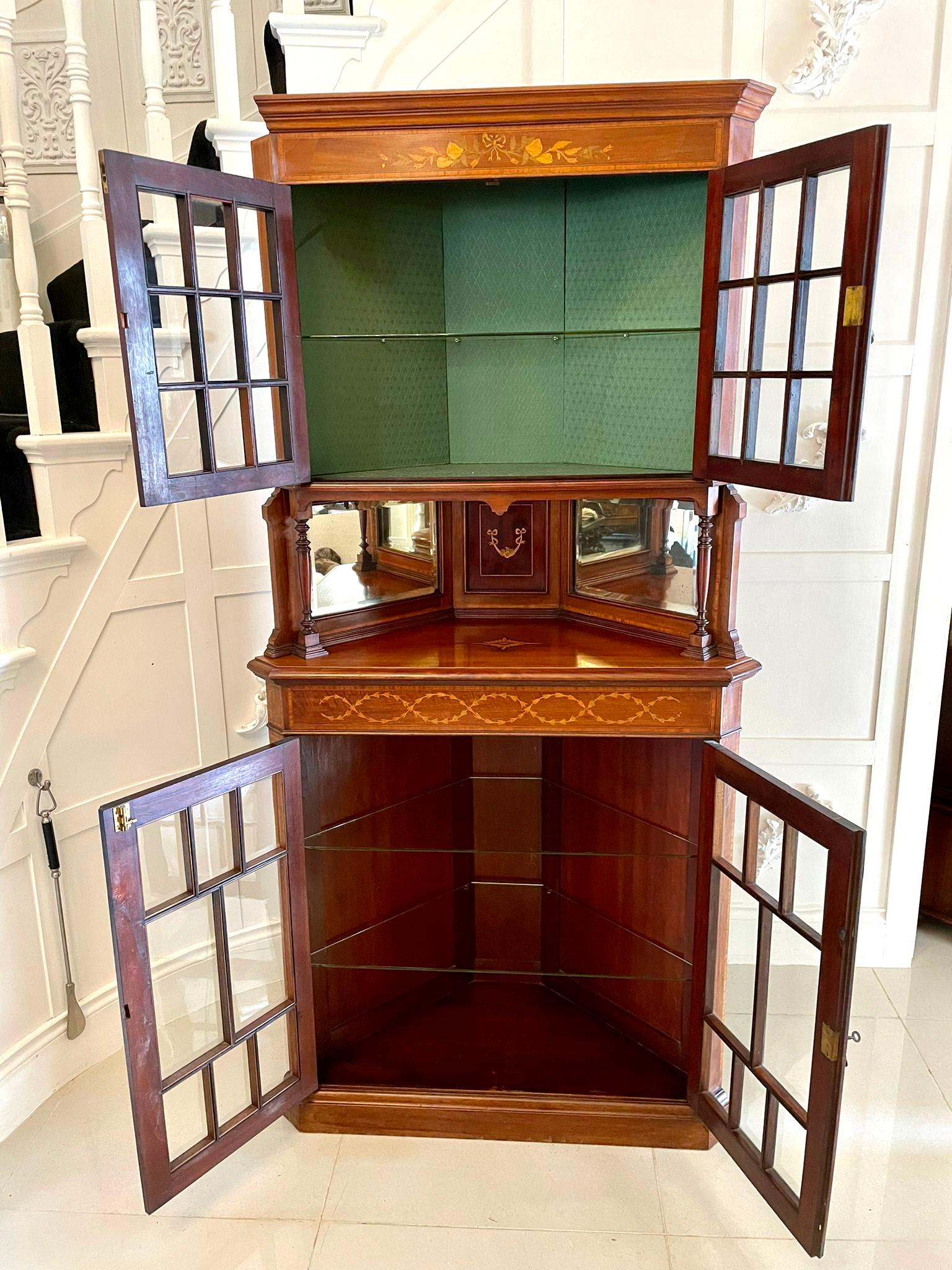 Antique Edwardian Quality Mahogany Inlaid Corner Display Cabinet In Good Condition For Sale In Suffolk, GB