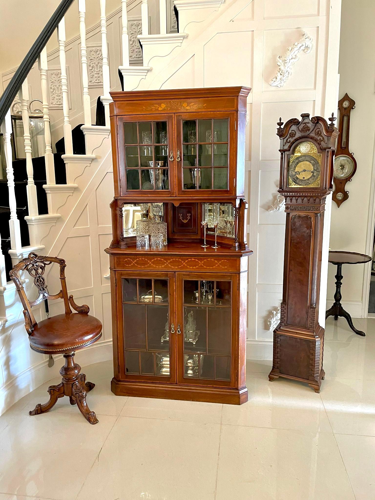 Early 20th Century Antique Edwardian Quality Mahogany Inlaid Corner Display Cabinet For Sale