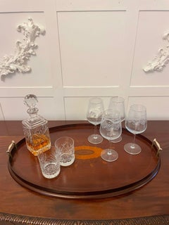 Antigua bandeja de té ovalada de caoba con incrustaciones de calidad eduardiana