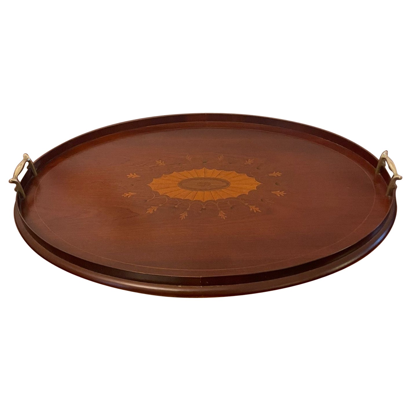 Antique Edwardian Quality Mahogany Inlaid Oval Tea Tray