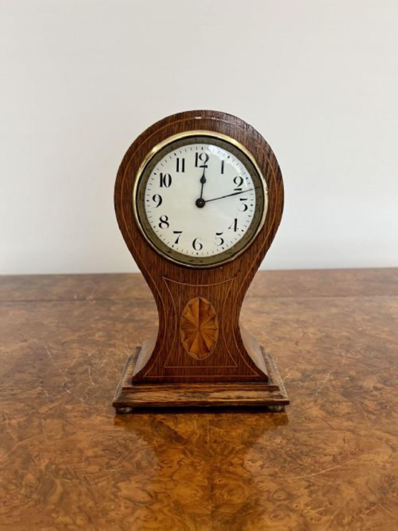 Glass Antique Edwardian quality oak and fan marquetry inlaid balloon shaped clock For Sale