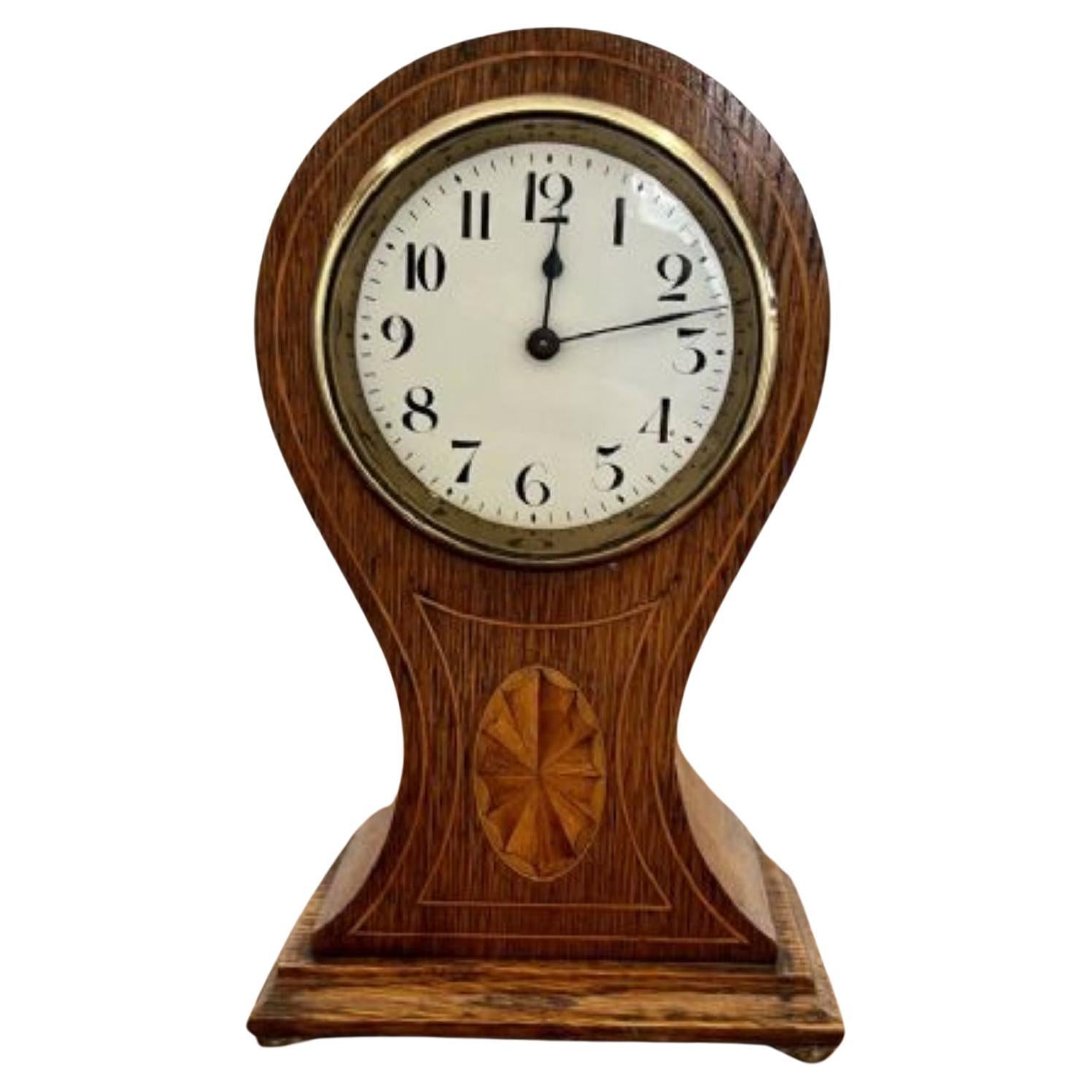 Antique Edwardian quality oak and fan marquetry inlaid balloon shaped clock For Sale